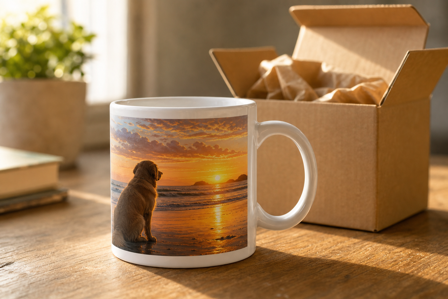 A finished mug printed with the artwork, ready to ship